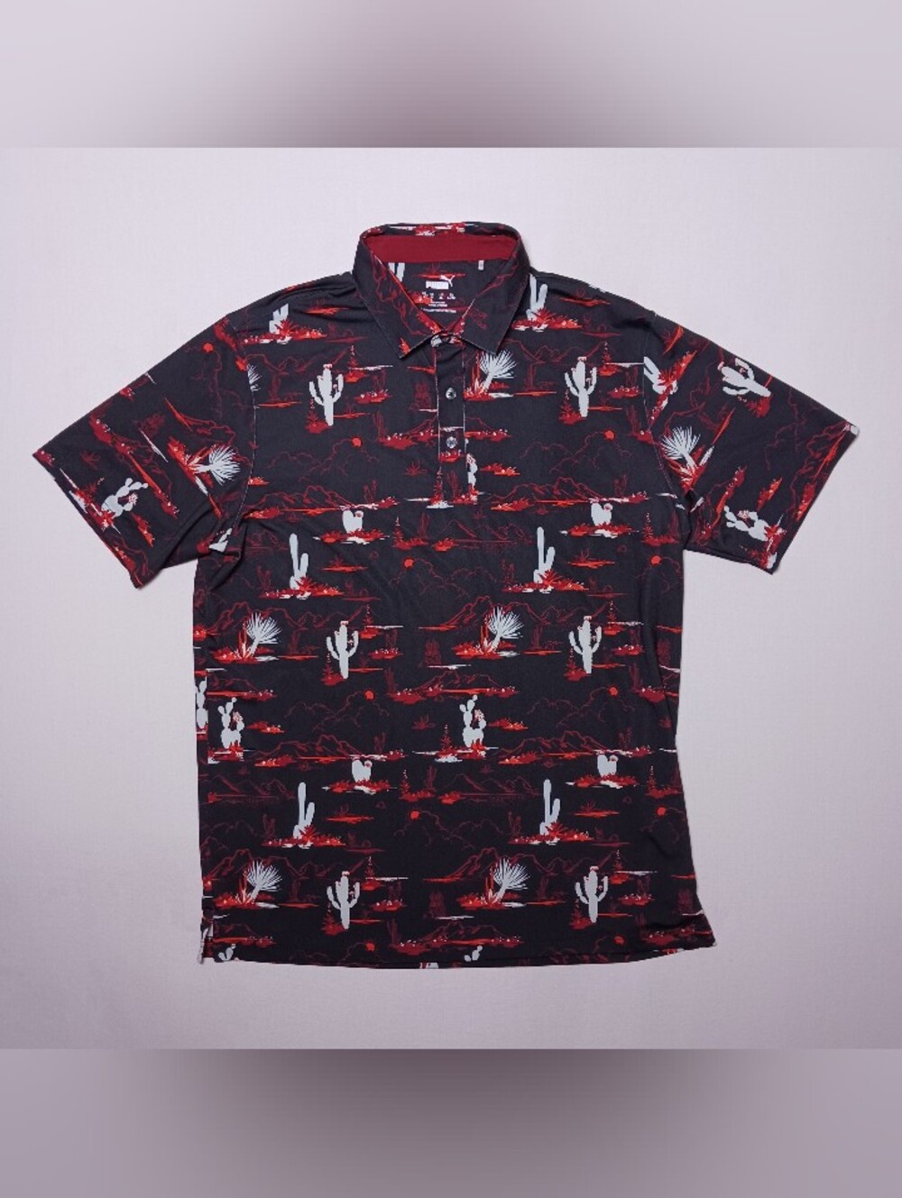 Puma Mens Mattr Bushland Performance Golf Polo Large UPF 50+ Black Red Cactus